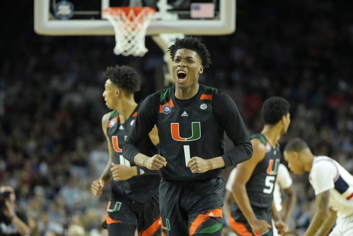 Miami (Fl) Hurricanes forward Anthony Walker (1) reacts after a play against the Connecticut Huskies during the first half in the Final Four of the 2023 NCAA Tournament at NRG Stadium.